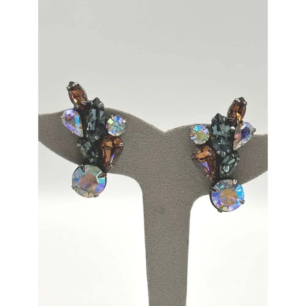 Vintage Weiss‎ Multicolor Rhinestone Clip On Earrings Elegant Cocktail Jewelry - Picture 9 of 11